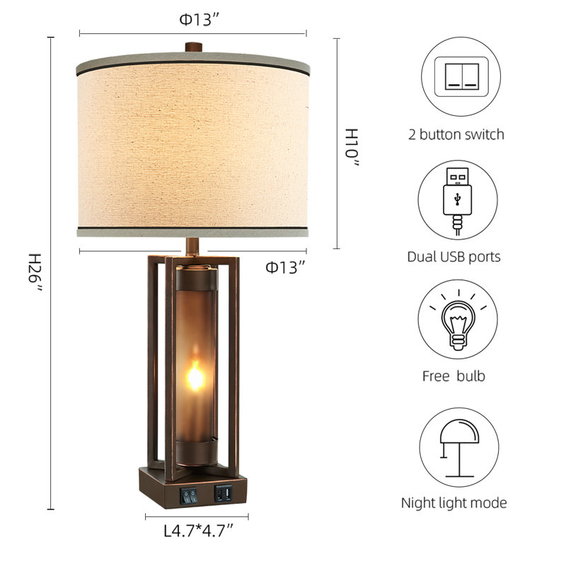 Louann Eleonora 26" Bronze Metal Table Lamp Set With Night Light And USB Ports