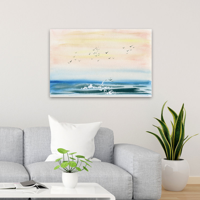 Coucher de soleil sur la côte, bleu, oiseau blanc, côtier, H 36 po x l 24 po