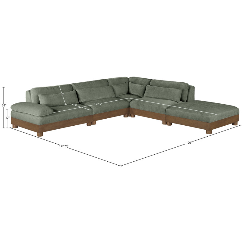 Canapé modulaire 5 pièces en tissu chenille 120 po Turin, Tissu chenille vert, Orienté à droite, Brun