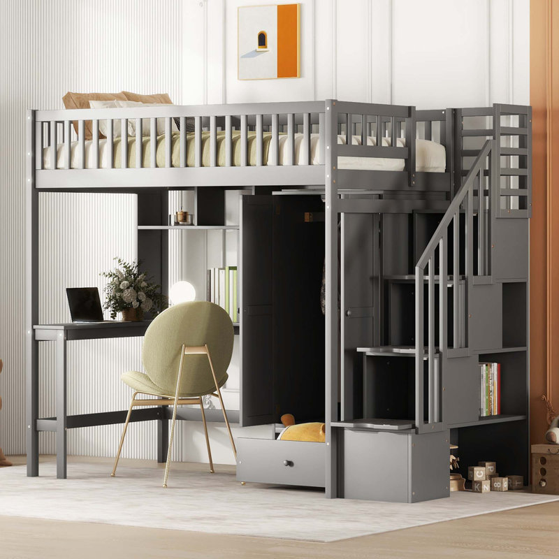 Loft Bed With Bookshelf,Drawers,Desk,And Wardrobe, Grey, Twin