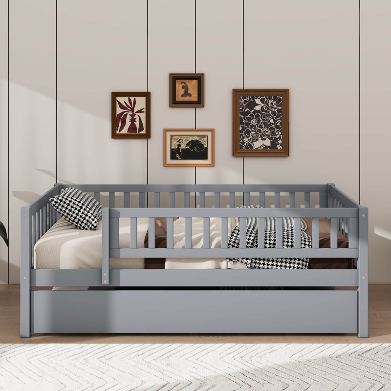 Rustic Wooden Daybed With Underbed Trundle And Protective Fence-Style Guardrails, Gray
