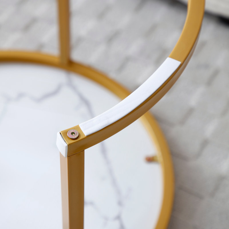 Set of 2 Modern Industrial Nesting Coffee Tables with Golden Frame and Marble Pattern, Gold+White