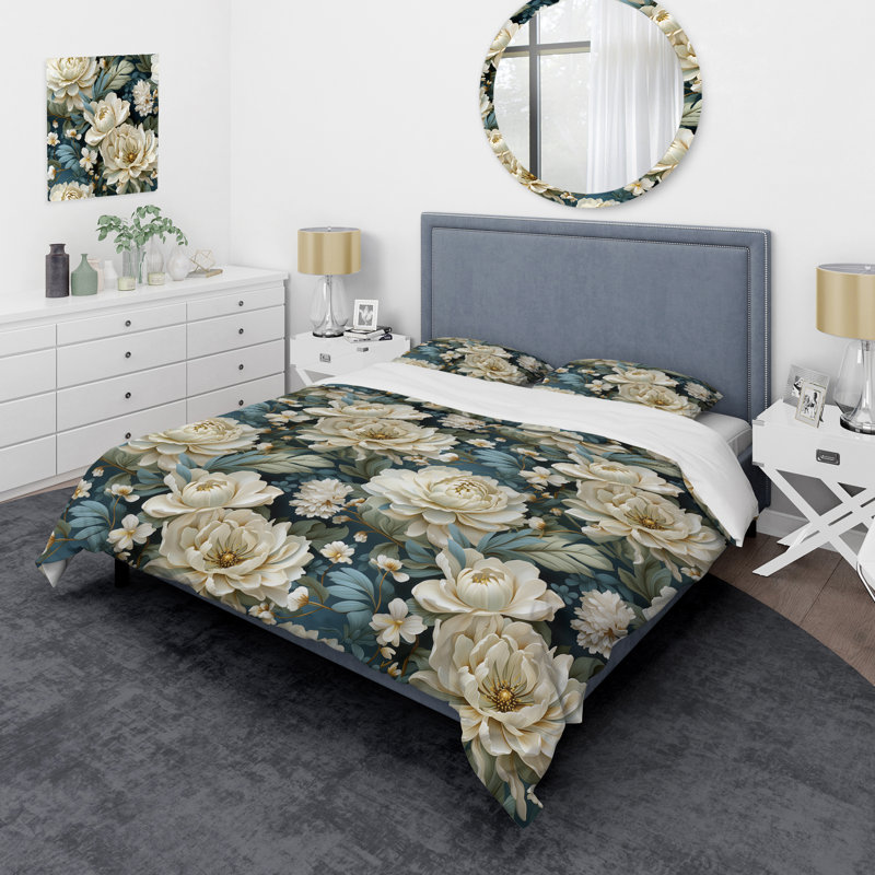 Ensemble de housse de couette floral en polyester microfibre beige et vert, Housse de couette pour très grand lit et 2 très