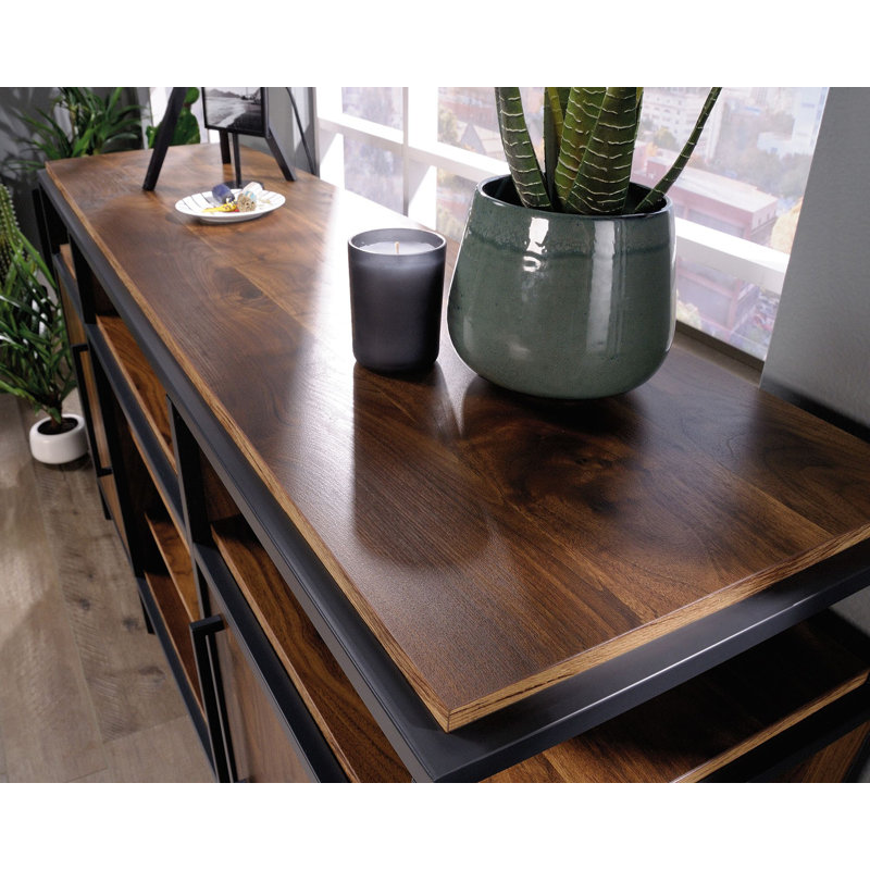 Grand Walnut and Black Metal TV Stand with Adjustable Shelves