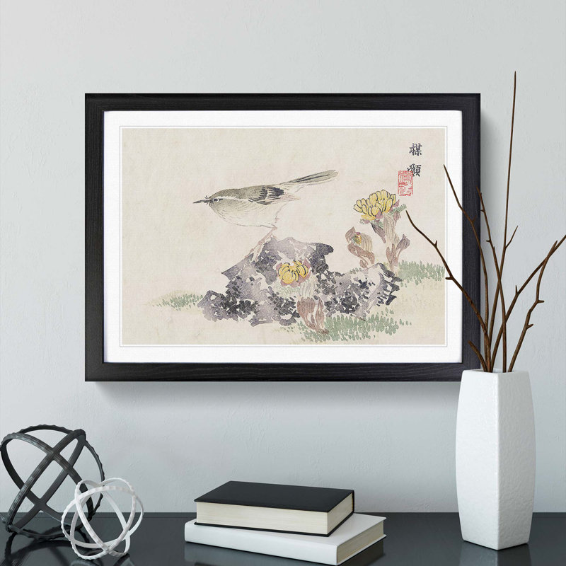 Bird upon the Rock by Kono Bairei - Picture Frame Painting Print, Black Framed, 48cm H x 65cm W x 2cm D