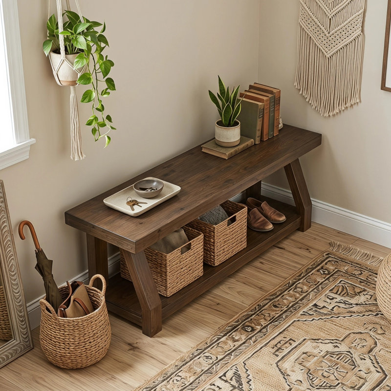 63" 2-Tier Solid Wood Entryway Bench With Storage, Shoe Bench Hallway Foyer Seating With Open Storage Shelves