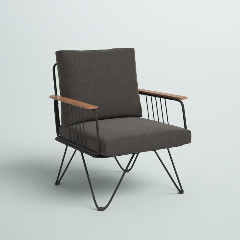 Chaise de patio à pieds en épingle avec coussins en métal et bois Mccluskey, Clou de girofle brun