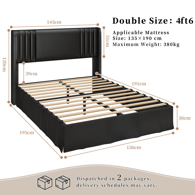 Upholstered Bed, Double(4'6), Black, PU