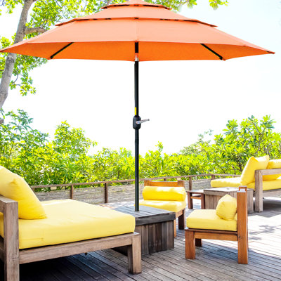 Orange 9Ft 3 Patio Umbrella. Outdoor Umbrella For Deck, Backyard, Lawn. Easy Crank & Tilt Feature. 3-Tiered Ventilated Top. Powder-Coated Steel Pole. 104.25"X92.5" H. 1.5" Pole . Base Not Supplied 3