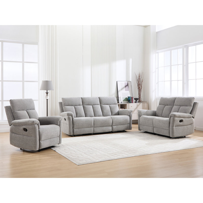 Ensemble de salon inclinable manuel 3 pièces Chenille, Gris clair