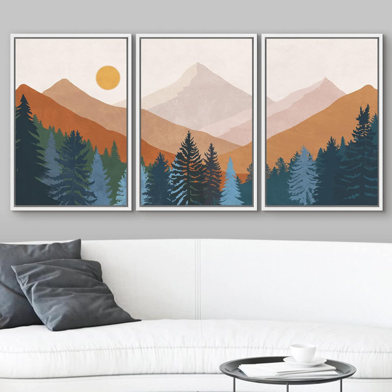 Sun Mountain Landscape " WooMountain Pine Tree View " 3 - Pieces, 24" H x 48" W x 1.5" D, White Floater Framed Canvas