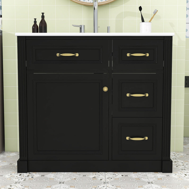 Meuble-lavabo 4 tiroirs avec lavabo en céramique, tablette réglable et armoire de rangement, Noir