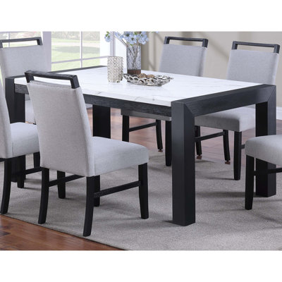Elegant Two-Tone Dining Table: White Faux Marble Top + Charcoal Wooden Legs