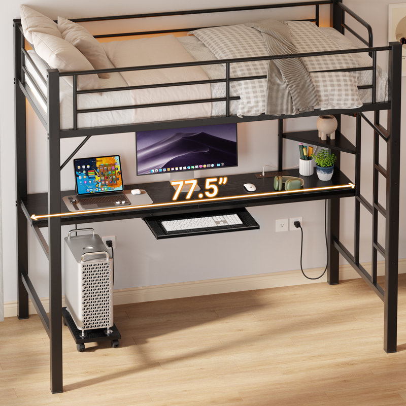 Lit mezzanine avec bureau intégré - structure en métal robuste et 3 tablettes de rangement, Noir