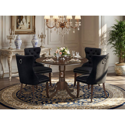 5 Piece Dining Room Set Contains a Round Kitchen Table with Dropleaf and 4 Padded Chairs, Mahogany
