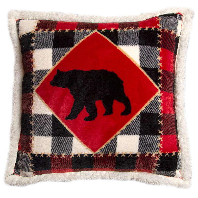 Red and Black Plaid Bear Sherpa Throw Pillow