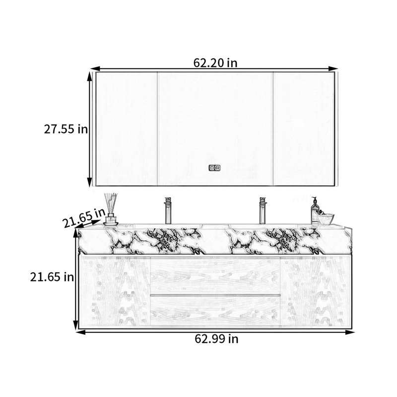 Nouvelle armoire de salle de bain de style chinois, H 21,65 po x l 62,99 po x P 21,65 po