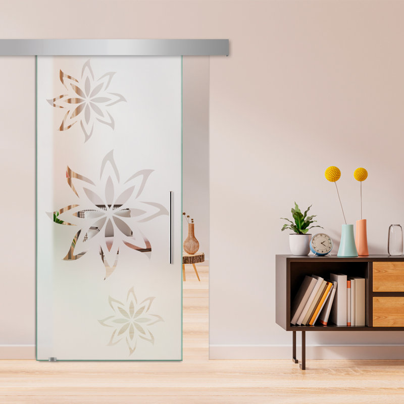 Porte de grange coulissante en verre sans cadre avec design moderne givré + ensemble de quincaillerie (semi-privée)