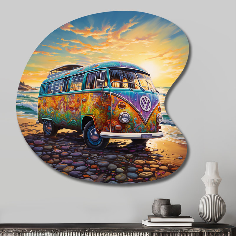 «Magic Hippie Bus On The Beach - Car Van Drop Shape», art mural en métal asymétrique, H 27 po x l 27 po