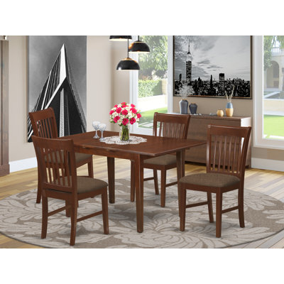 5 Piece Kitchen Table & Chairs Set Includes a Rectangle Dining Room Table with Butterfly Leaf and 4 Linen Fabric Chairs, Mahogany