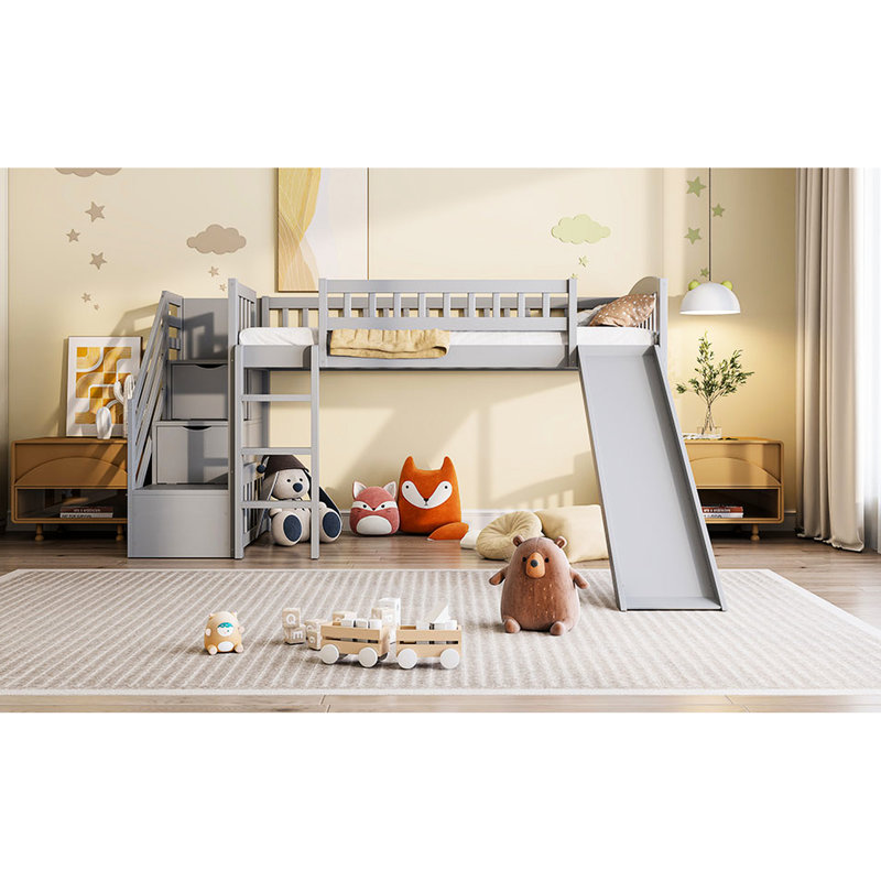 Lit mezzanine simple gris avec deux tiroirs et glissière, matériau en pin, sans sommier, lit double pour garde-corps, pour vêtements, glissade, pieds, décoration de lignes épurées