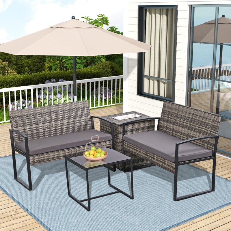 Patio Furniture Set W/removable Ice Bucket Storage Box - Pe Rattan All Weather Outdoor Conversation Set W/cushioned Benches & Glass Top Table For Backyard Garden Balcony Pool
