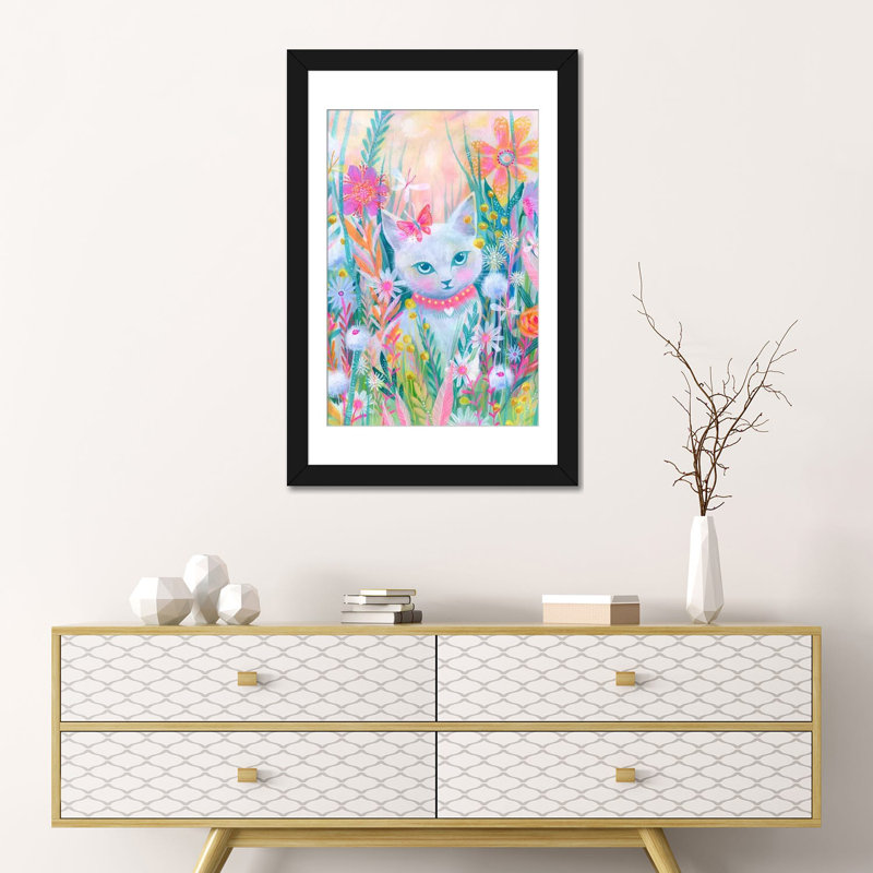 « jardin kitty », peinture sur toile tendue, H 24 po x l 16 po x P 1 po, Papier d'art encadré noir, Blanc