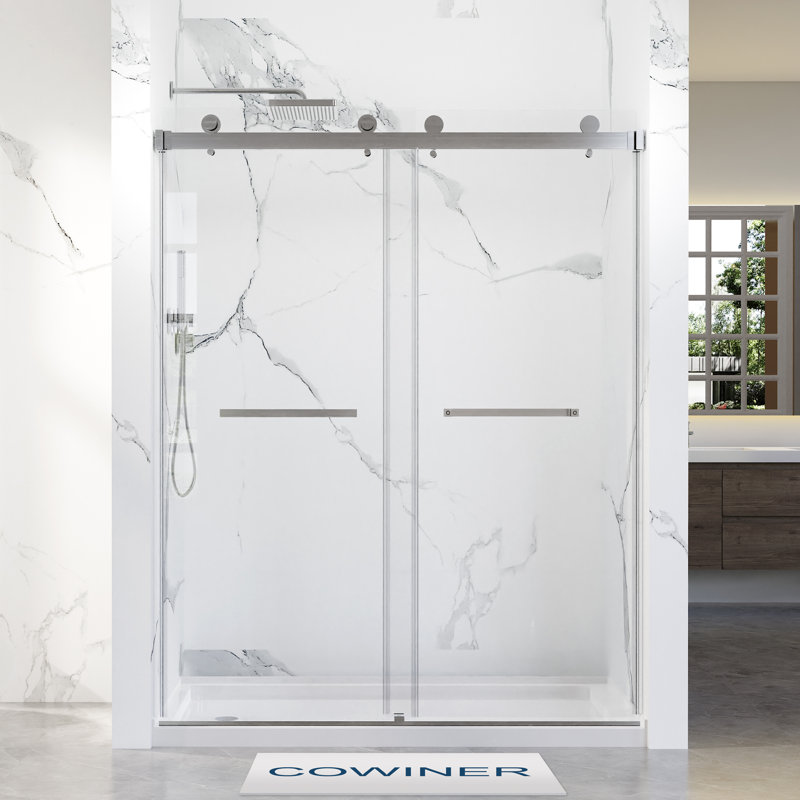 56-60 in. W x 76 in. H Double Sliding Frameless Shower Door in Brushed Nickel with 3/8 in.（10mm）Clear Tempered Glass