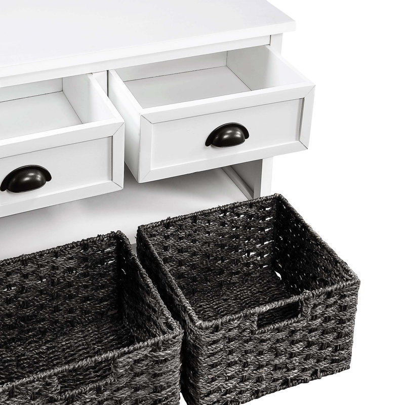 Banc de rangement en bois avec 3 tiroirs et 3 paniers tissés, Blanc