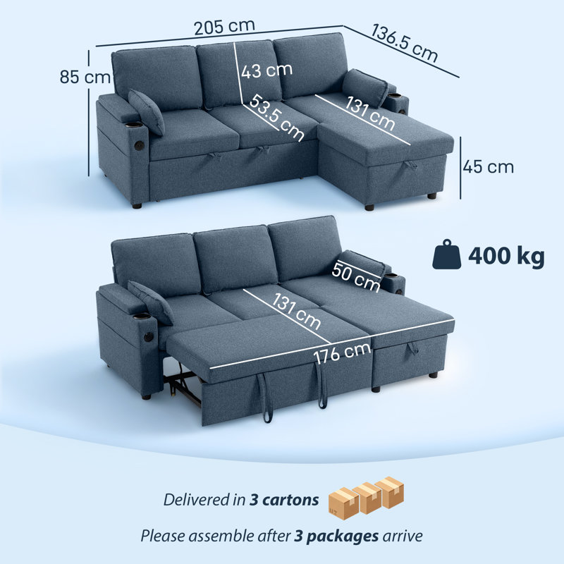 3 Seater Corner Sectional, Blue Polyester