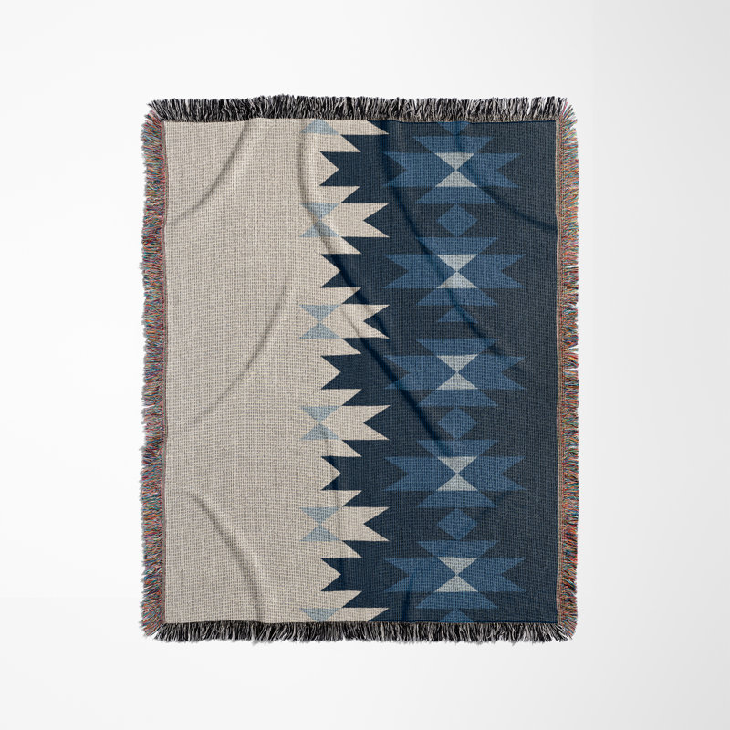 Shako South Western Cotton Blend Blanket Throw, Blue/Off-White, 60" L x 50" W