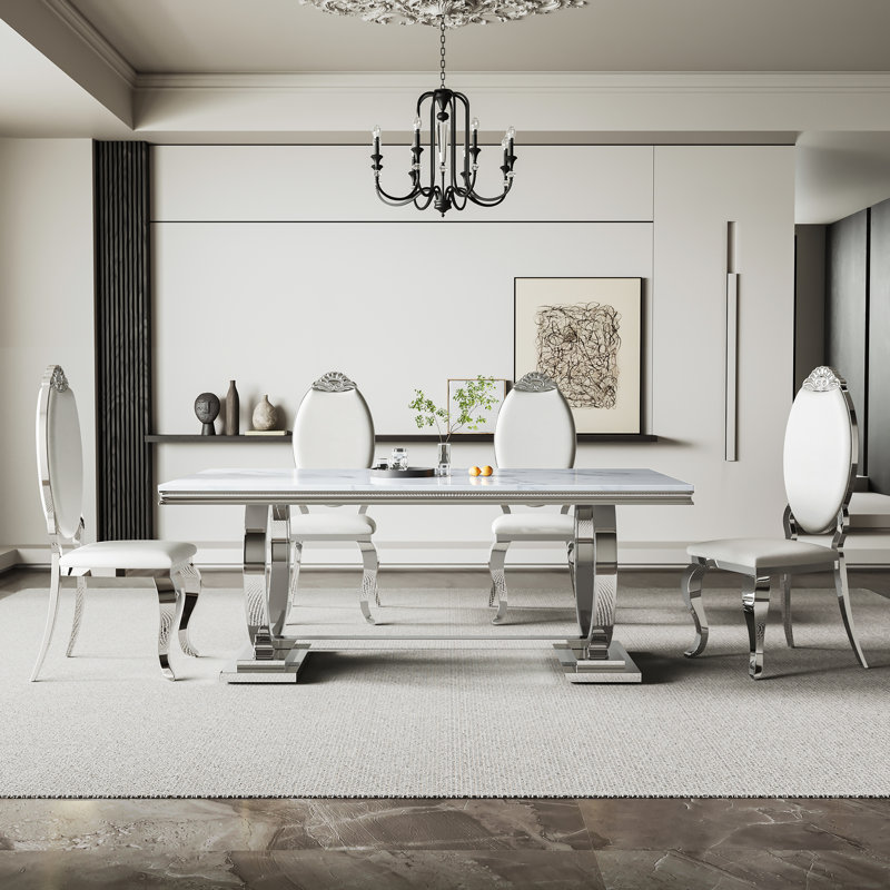  5 - Piece Dining Set, 5 Pieces: Table, 4 Chairs, White/White/Gold