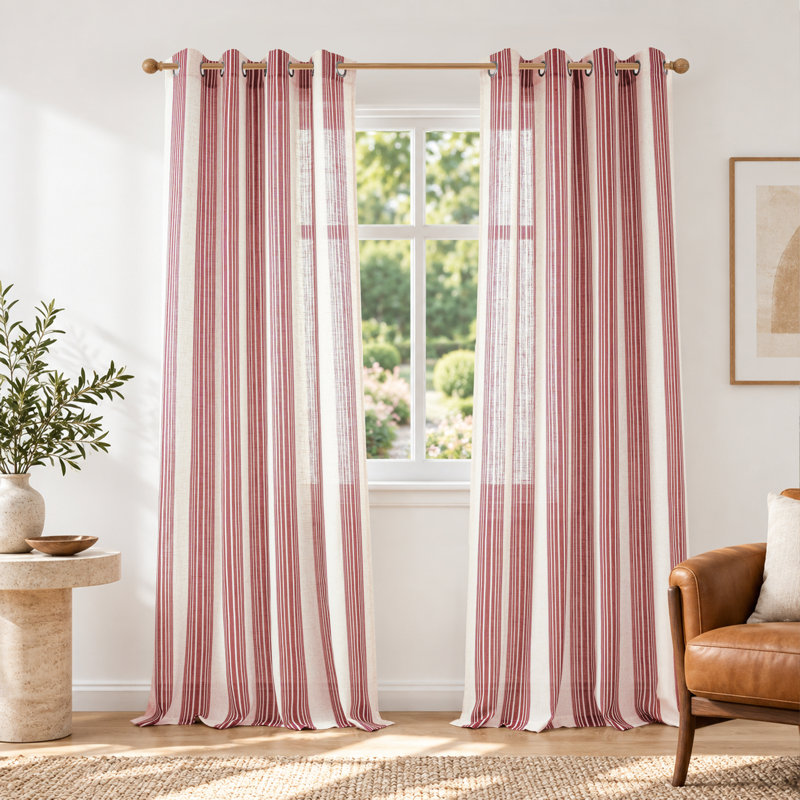 Rideaux semi-transparents en lin avec motif à rayures Chris, Rouge, L 52 po x L 84 po