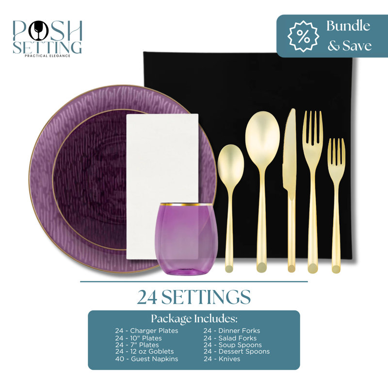 Purple Disposable Plastic Purim Party Bundle - Icicles (24 Settings)