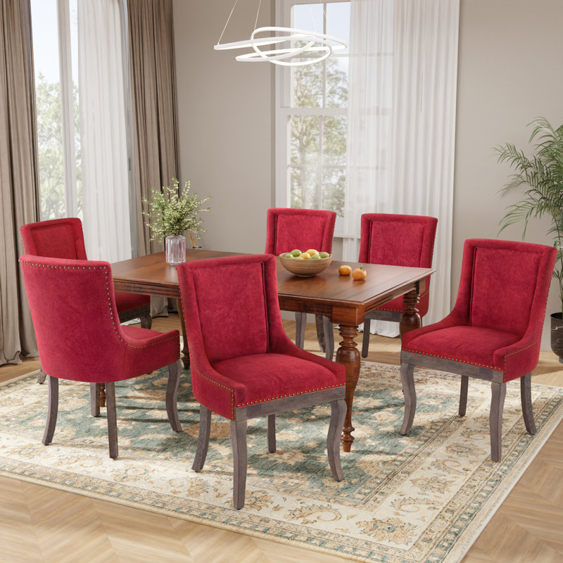 Thickened Fabric Upholstered Wooden Nailhead Dining Chairs (Set of 6), Wine