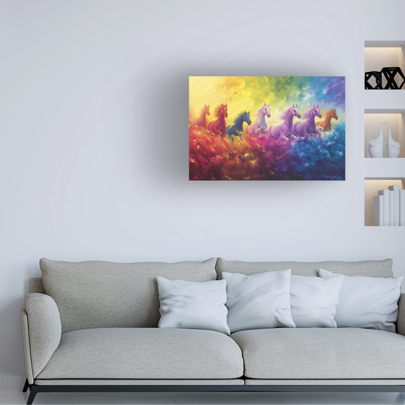 Art mural sur toile tendue - «Rainbow Wild Horses» par Imagine It Images pour décoration de salon, de chambre à coucher ou de bureau - 16 x 24