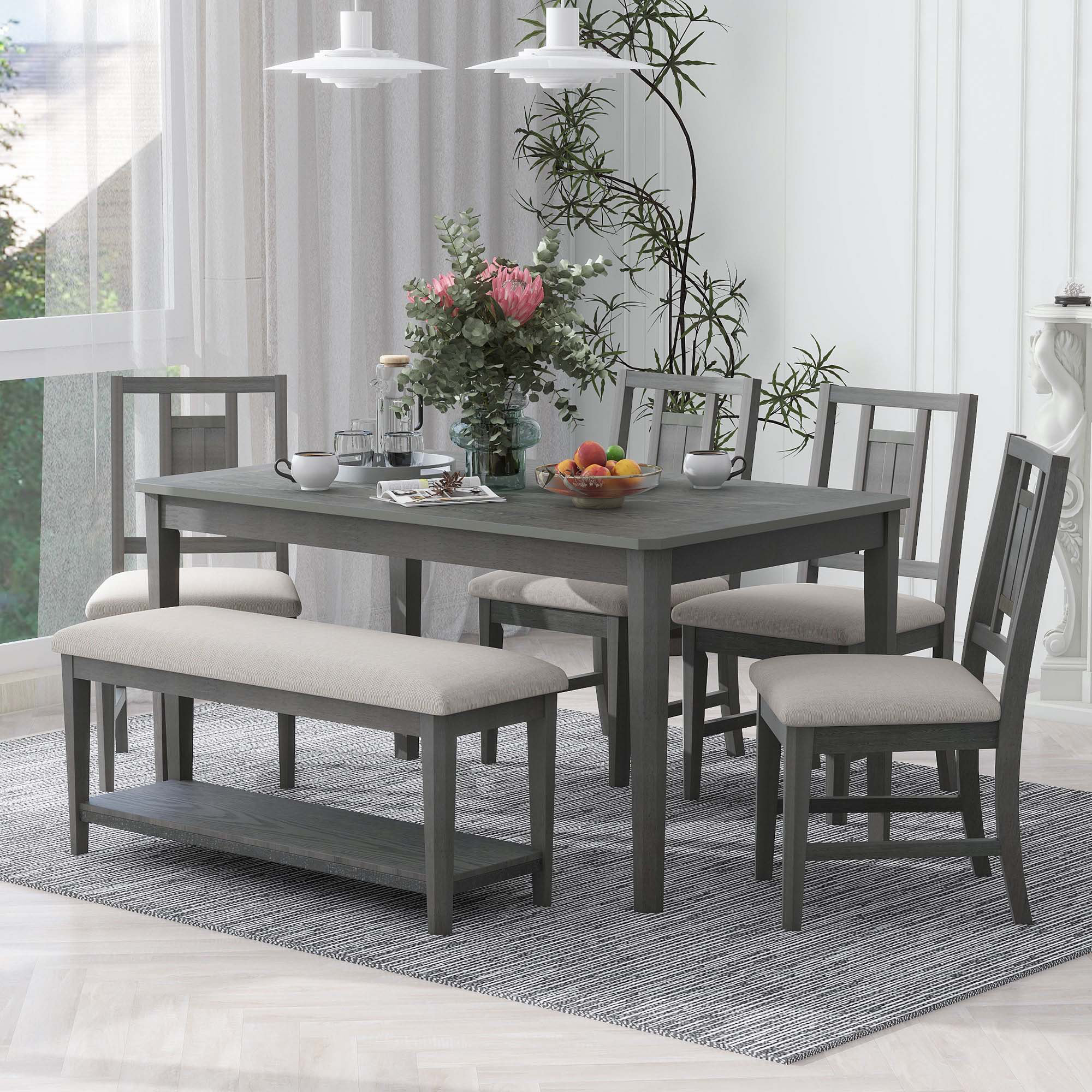 Loon Peak® 6-Piece Retro Dining Set, Minimalist Dining Table And 4 Upholstered Chairs & 1 Bench ...