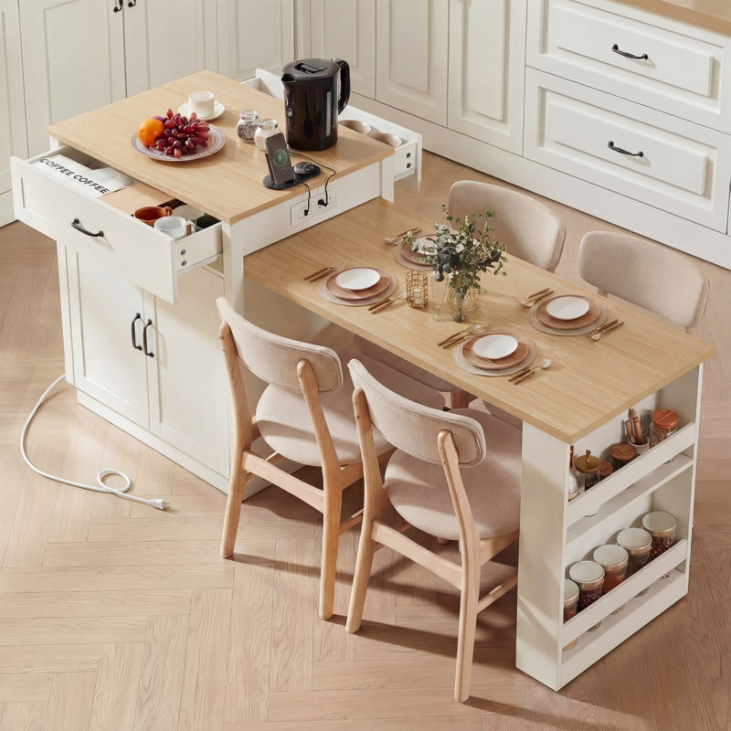 Îlot de cuisine avec table de salle à manger extensible, Blanc / bois naturel