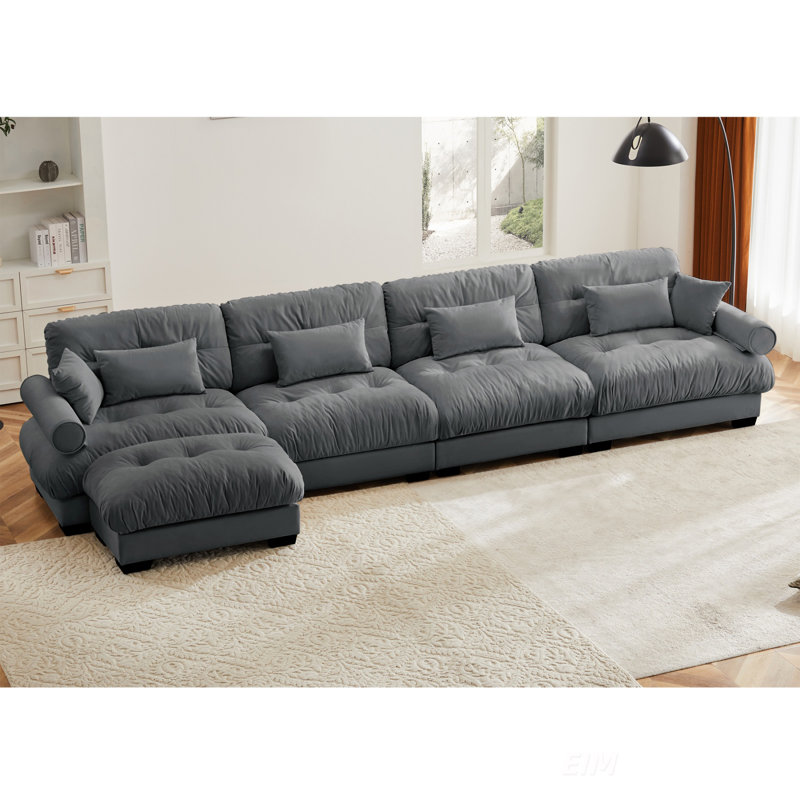 Canapé modulaire en L en forme de L, canapé-lit modulaire convertible à 4 places pour le salon, canapé d'angle rembourré en velours moderne avec coussins de taille, coussins décoratifs et accoudoirs renforcés, gris