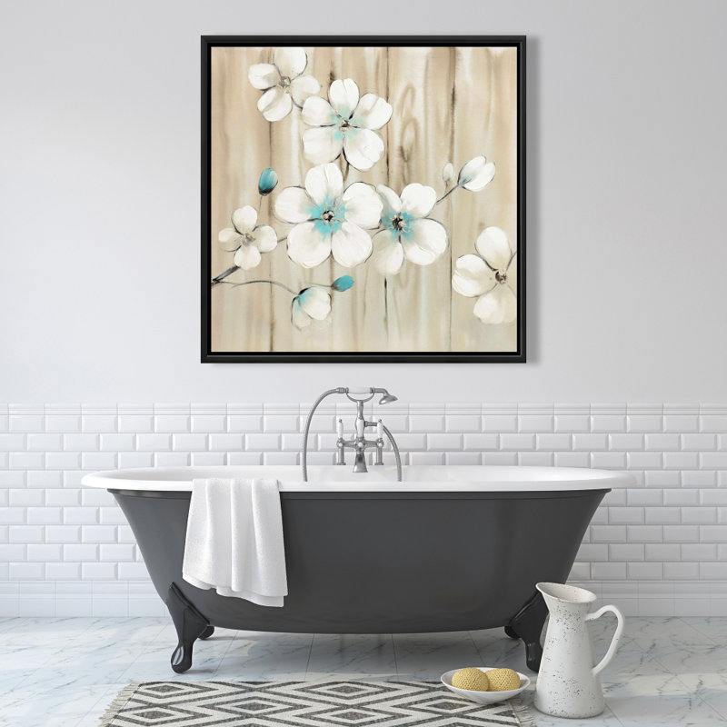 Cherry Blossom in White - Turquoise Framed Canvas Art