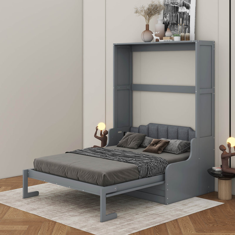 Grand lit escamotable mural avec coussin, Gris, Grand lit