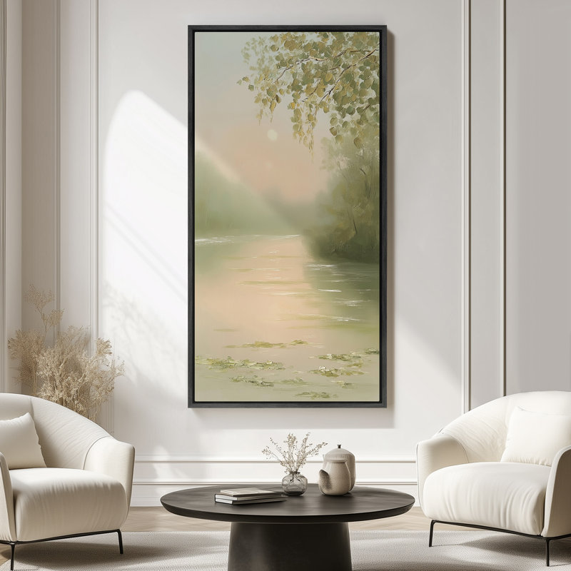 «Sunrise Over Calm River Landscape», reproduction d'art sur toile encadrée, H 60 po x l 30 po x P 1,5 po, Noir