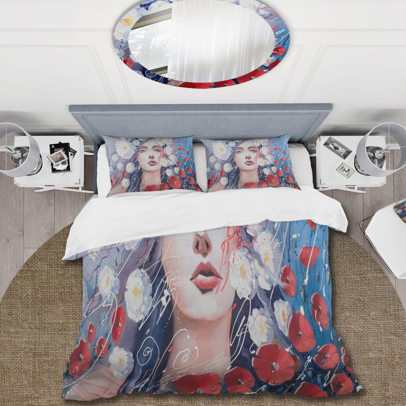 Portrait Of A Young Woman With Red & White Flowers - Traditional Polyester Duvet Cover Set