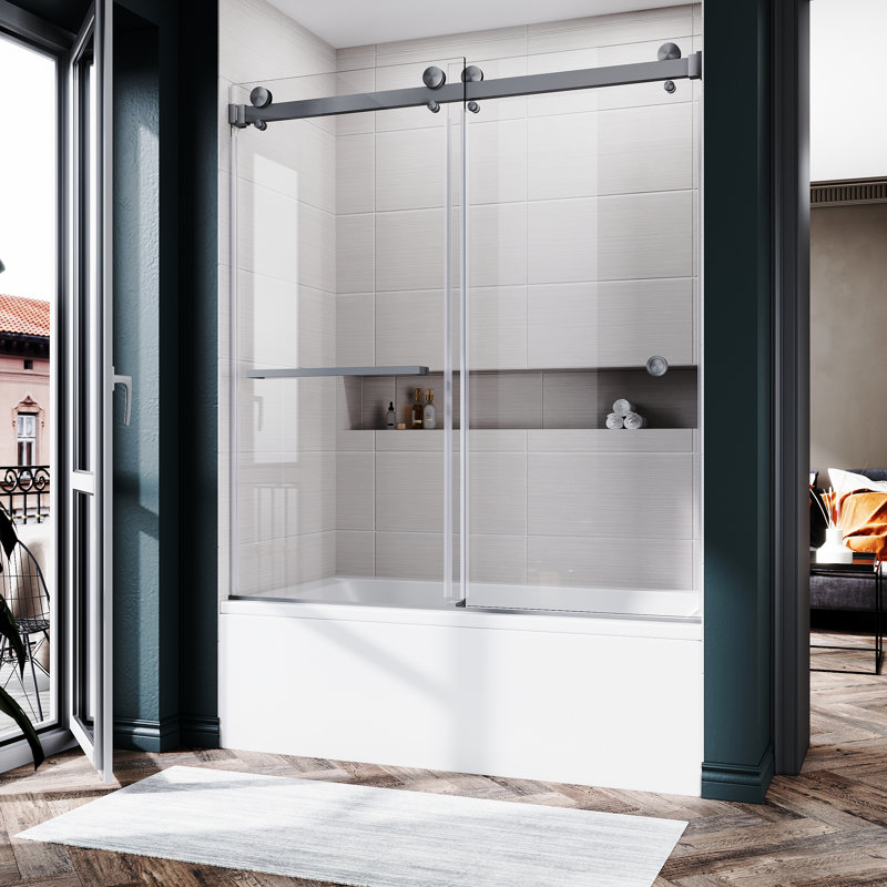 UKD01 56 to 60 in. x 66 in. H Frameless Double Sliding Shower Door with 3/8 in. (10mm) Clear Glass, Space Gray