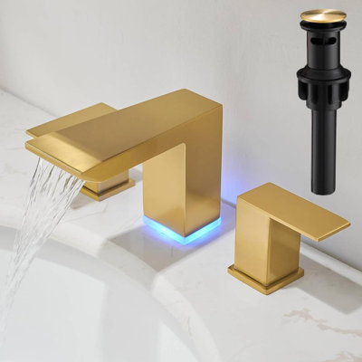 Brushed Gold Waterfall Wide Spread Bathroom Faucet With 3 Colors Light Changing, Widespread Vanity Faucet 2 Handle With Supply Lines With Pop Up Drain