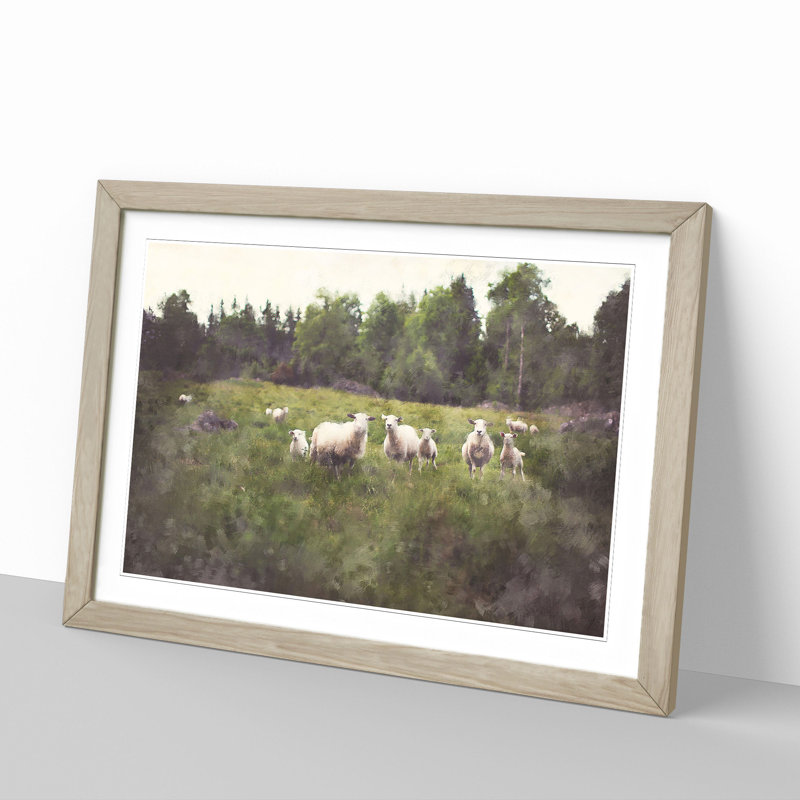 Curious Sheep - Picture Frame Painting, 27cm H x 36cm W x 2cm D, Oak Framed