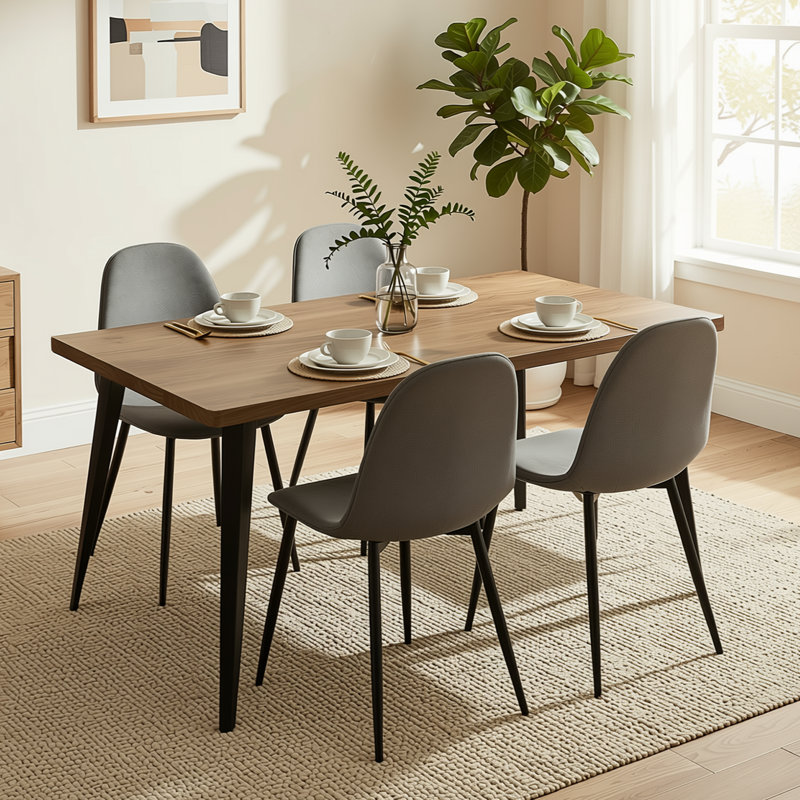 Ensemble de salle à manger 5 pièces rectangulaire de 63 po avec chaises rembourrées de style Mid-Century, Walnut, Grey