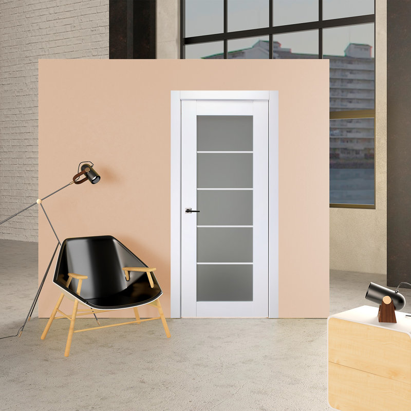 Polar White Solid Pine 5-Lite Frosted Glass Interior Door Slab