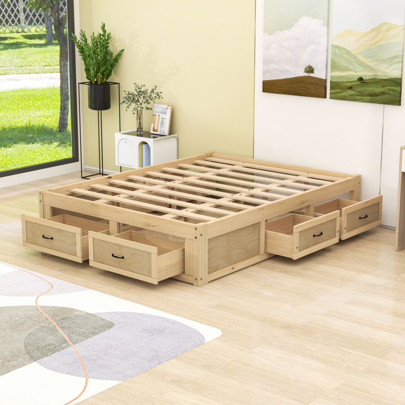 Lit plateforme avec 6 tiroirs, Naturel antique, Grand