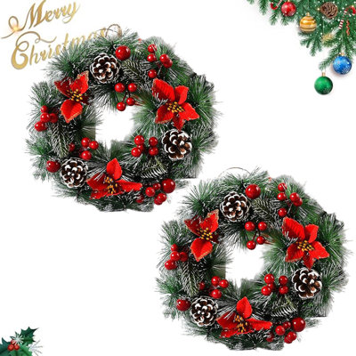 2 PCS couronnes de Noël pour la porte d'entrée, 12 pouces couronne de Noël en plein air pommes de pin pour fenêtre décorations de Noël d'hiver